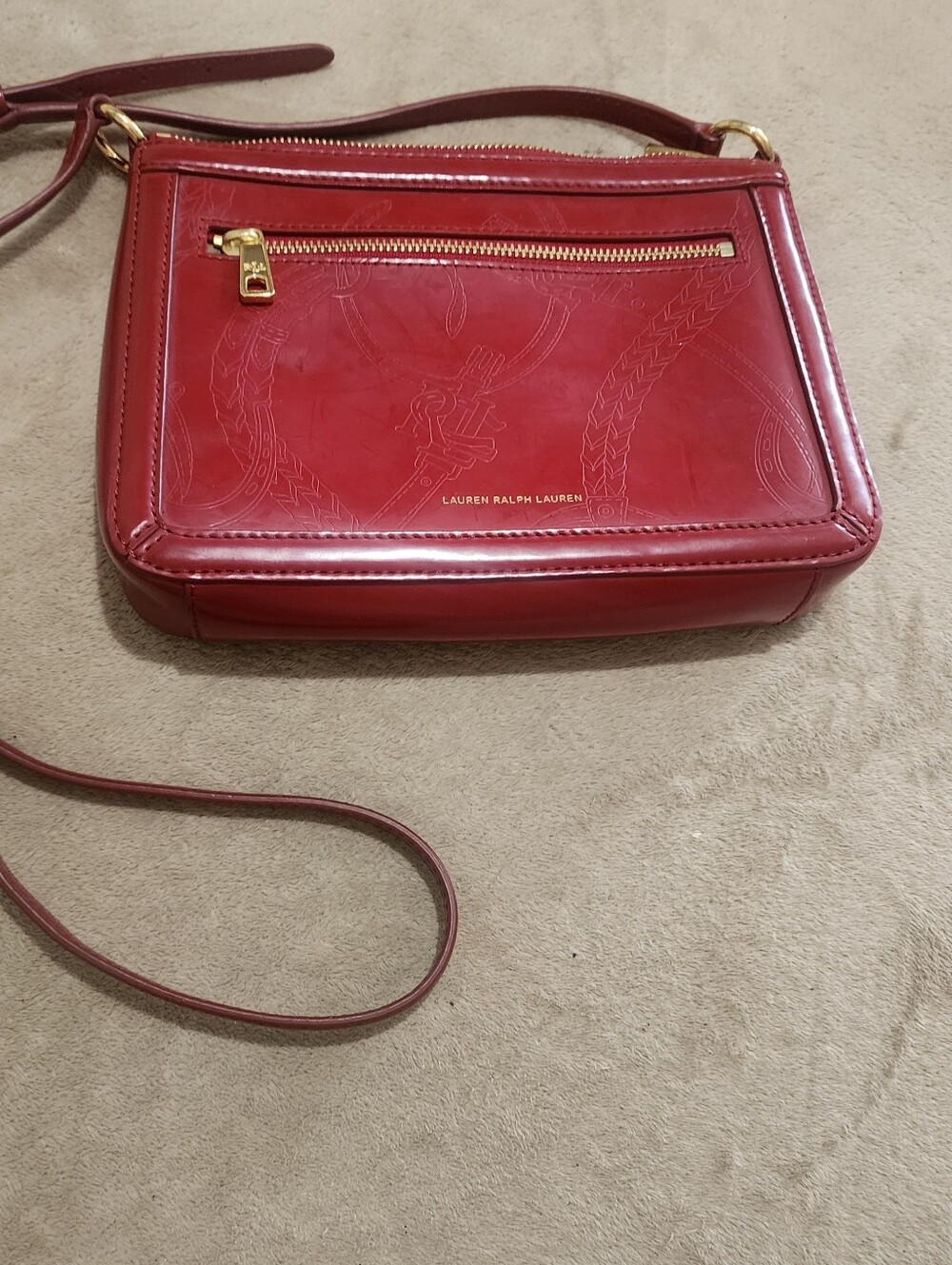 New Condition Lauren Ralph Lauren Burgundy Patent Crossbody with Gold Hardware